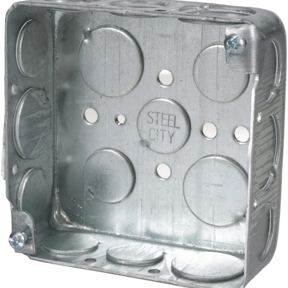 Electrical Outlet Box: Steel, Square, 4" OAH, 4" OAW, 1-1/2" OAD, 2 Gangs