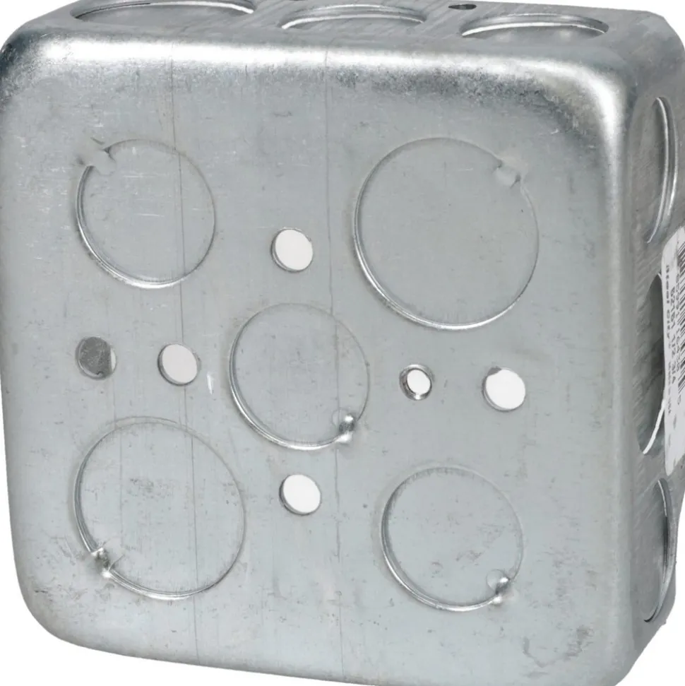 Electrical Outlet Box: Steel, Square, 4" OAH, 4" OAW, 1-1/2" OAD, 2 Gangs