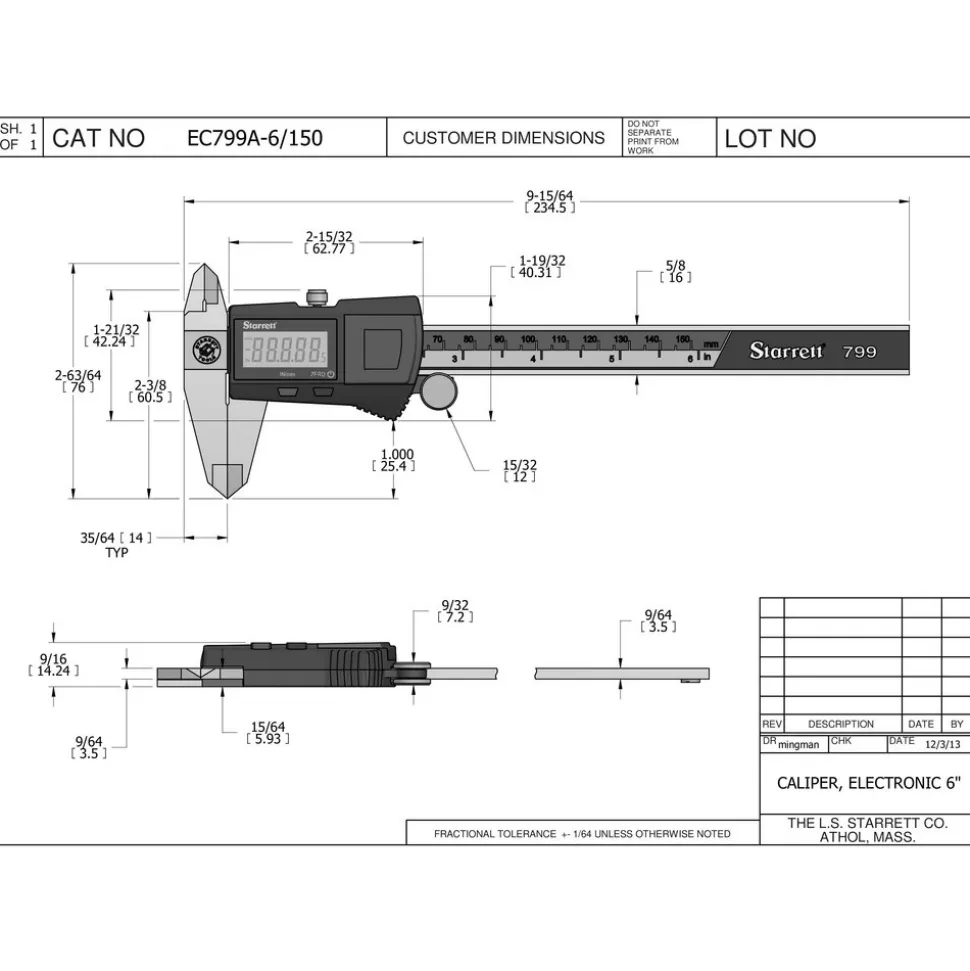 Electronic Caliper: 150.00 mm, 6", 0.01 mm, 0.0005" Resolution, +/-0.02 mm, +/-0.0010" Accuracy, Stainless Steel