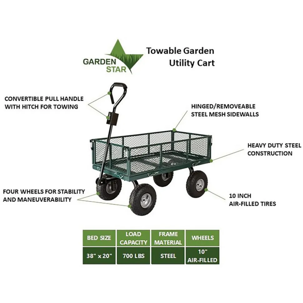 Garden Utility Cart: 43-11/16" Long, 20" Wide, Steel, 700.000 lb Capacity, Green & Black