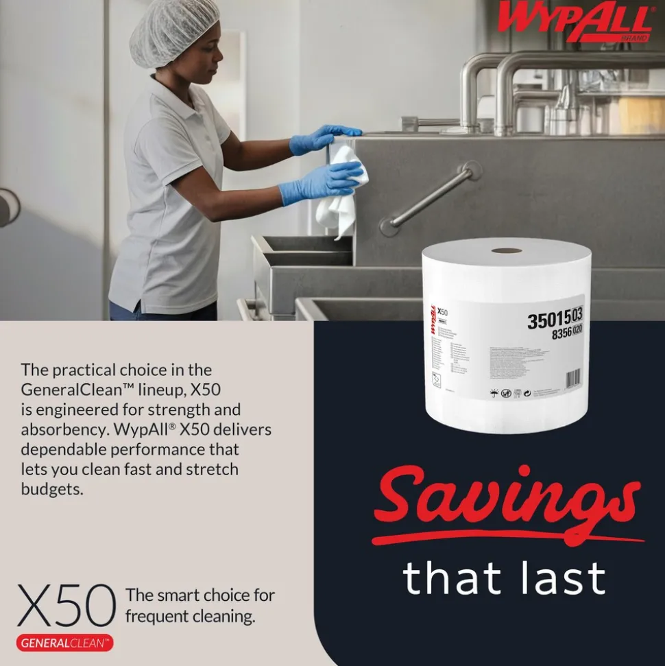 GeneralClean™ x50 Cleaning Cloths (35015), Jumbo Roll, Strong for Extended Use, White