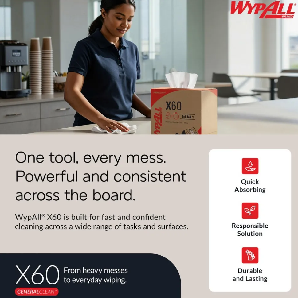 GeneralClean™ x60 Multi-Task Cleaning Cloths (34790), Pop-Up Box, Strong & Absorbent Towels, White