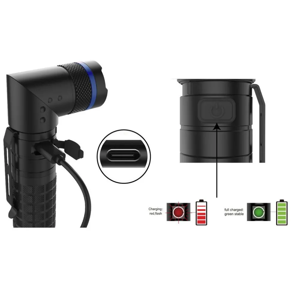 Handheld Flashlight: LED, 900 Lumens, 20 hr Max Run Time, Rechargeable Lithium-ion Battery (Included), Max Beam Distance: 80 m
