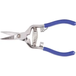 High Leverage Spring Action Snip: 6-9/16" OAL, 1-1/4" Cut Length, Serrated Blade, Hot Forged Steel, Nickel-Plated Carbon Chrome, Rubber Handles