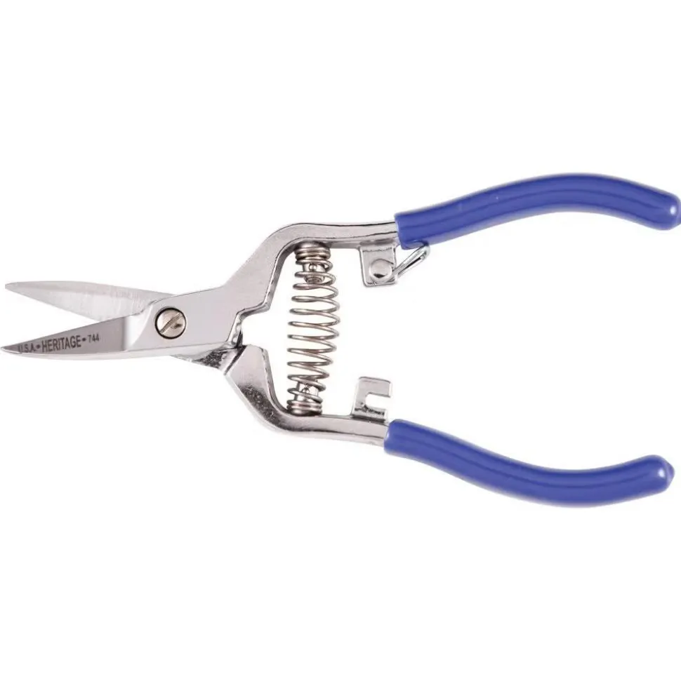 High Leverage Spring Action Snip: 6-9/16" OAL, 1-1/4" Cut Length, Serrated Blade, Hot Forged Steel, Nickel-Plated Carbon Chrome, Rubber Handles