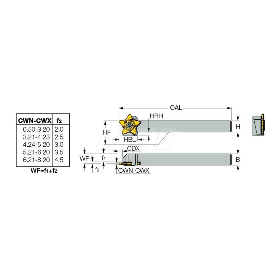Indexable Grooving-Cutoff Toolholder: PCHR 19-24, 0.0197 to 1/8" Groove Width, 0.256" Max Depth of Cut, Right Hand