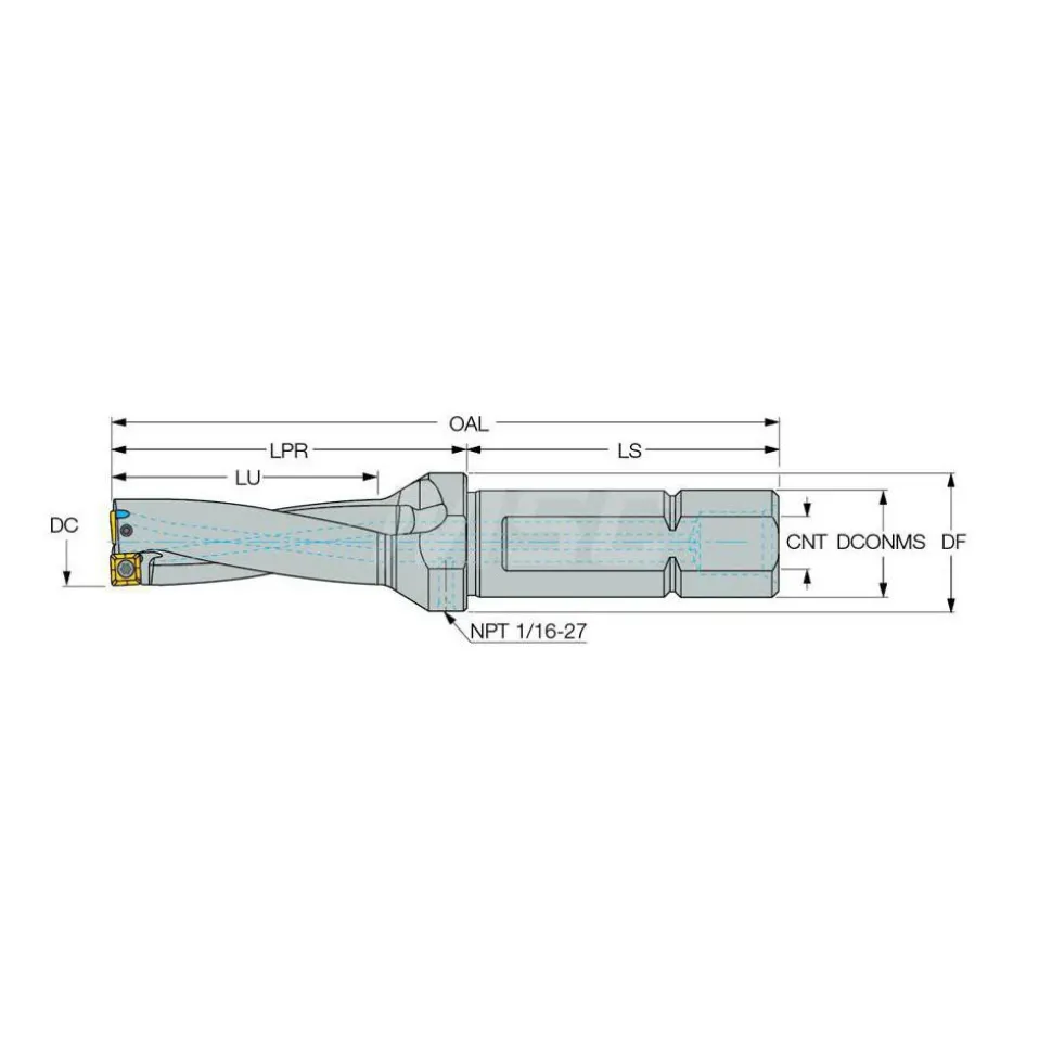 Indexable Insert Drill: DR1000-3000-125-09-3DN, 1" Max Dia, 3" Max Depth, 3xD, 1-1/4" Shank Dia