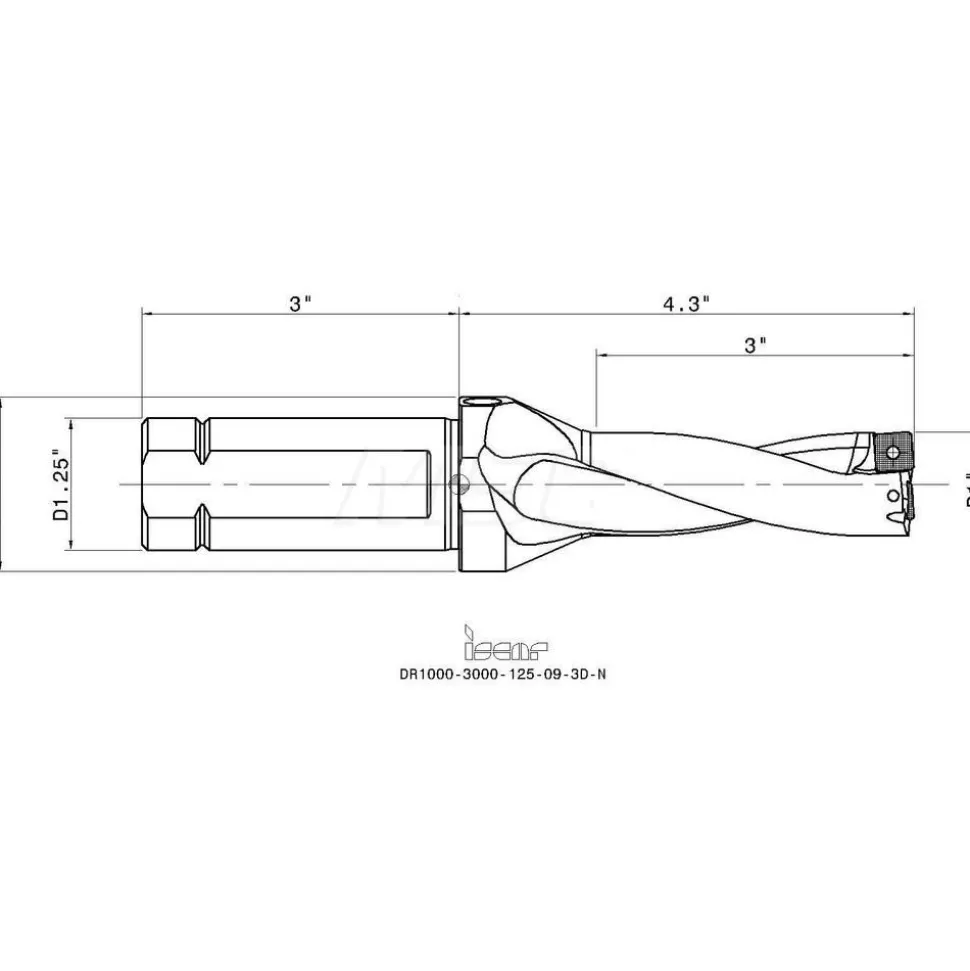 Indexable Insert Drill: DR1000-3000-125-09-3DN, 1" Max Dia, 3" Max Depth, 3xD, 1-1/4" Shank Dia