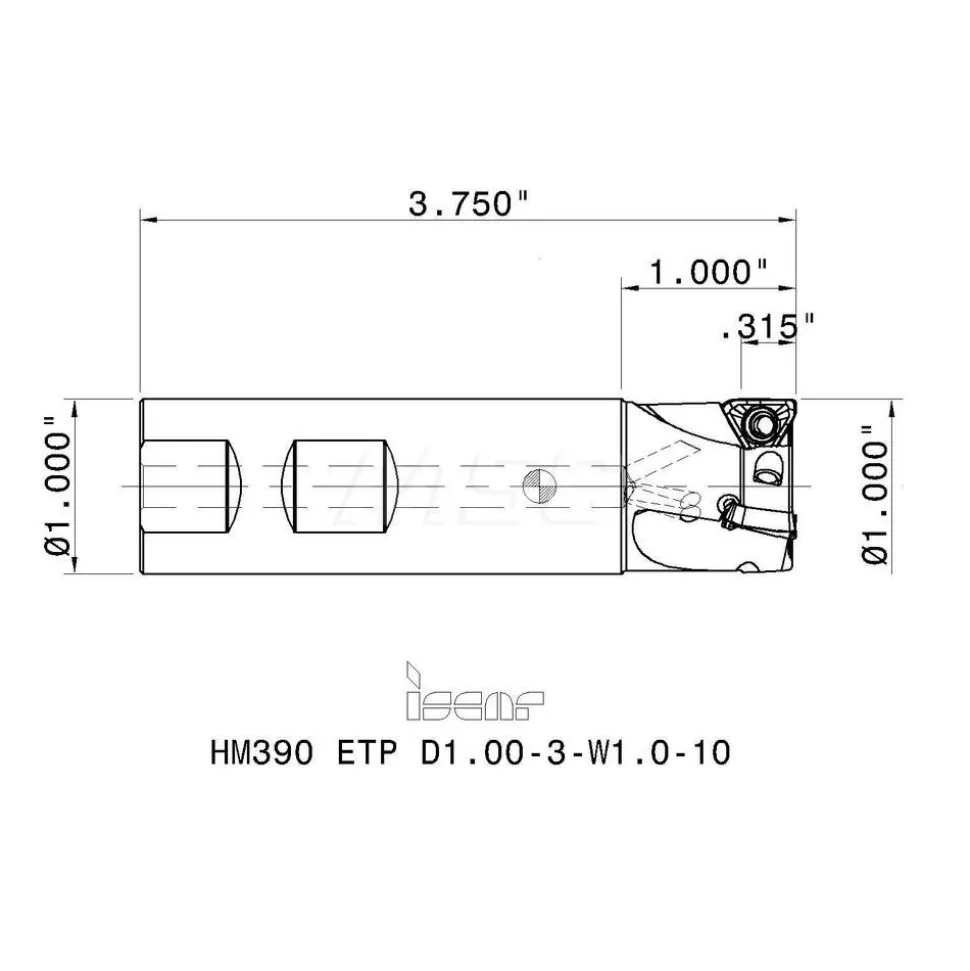 Indexable Square-Shoulder End Mill: HM390ETPD1.003W1.010, 1" Cut Dia, 0.315" Max Depth of Cut, 1" Dia Weldon Flat Shank