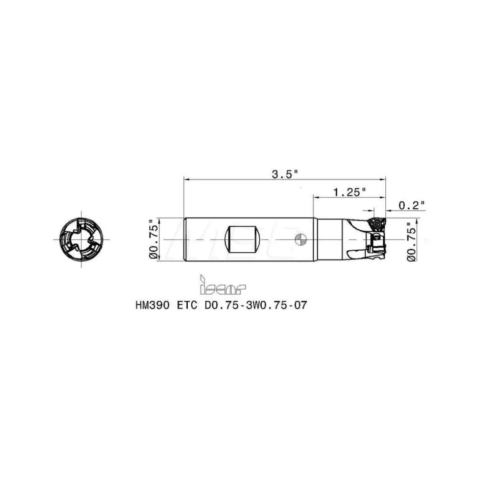 Indexable Square-Shoulder End Mill: HM390ETCD075W3W0.75-07, 3/4" Cut Dia, 0.2" Max Depth of Cut, 3/4" Dia Weldon Flat Shank