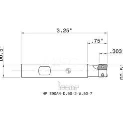 Indexable Square-Shoulder End Mill: HP E90AN-D.50-2-W.5-7, 1/2" Cut Dia, 0.303" Max Depth of Cut, 1/2" Dia Weldon Flat Shank