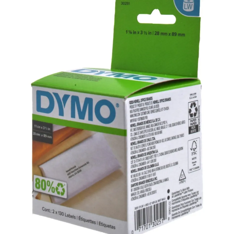 Label Maker Label: White, Die Cut Paper with Semi Perm Adhesive, 3-1/2" OAL, 1-1/8" OAW, 130 per Roll, 2 Roll