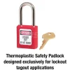 Lockout Padlock: Keyed Different, Thermoplastic, Steel Shackle, Red