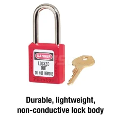 Lockout Padlock: Keyed Different, Thermoplastic, Steel Shackle, Red