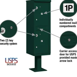 Mailboxes: Mount Type: Pedestal; Lockable: Yes; Material: Aluminum; Color: Green