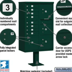 Mailboxes: Mount Type: Pedestal; Lockable: Yes; Material: Aluminum; Color: Green