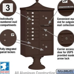 Mailboxes: Mount Type: Pedestal; Lockable: Yes; Material: Aluminum; Color: Bronze