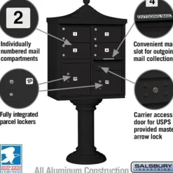 Mailboxes: Mount Type: Pedestal; Lockable: Yes; Material: Aluminum; Color: Black