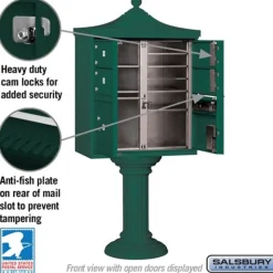 Mailboxes: Mount Type: Pedestal; Lockable: Yes; Material: Aluminum; Color: Green
