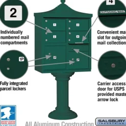 Mailboxes: Mount Type: Pedestal; Lockable: Yes; Material: Aluminum; Color: Green