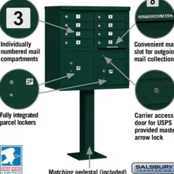 Mailboxes: Mount Type: Pedestal; Lockable: Yes; Material: Aluminum; Color: Green