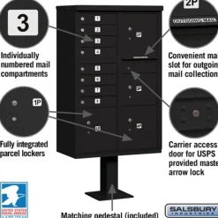 Mailboxes: Mount Type: Pedestal; Lockable: Yes; Material: Aluminum; Color: Black