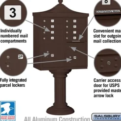 Mailboxes: Mount Type: Pedestal; Lockable: Yes; Material: Aluminum; Color: Bronze