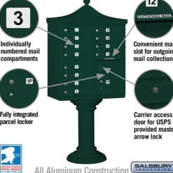 Mailboxes: Mount Type: Pedestal; Lockable: Yes; Material: Aluminum; Color: Green