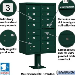 Mailboxes: Mount Type: Pedestal; Lockable: Yes; Material: Aluminum; Color: Green