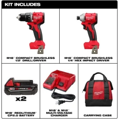 M18â„¢ Compact Brushless 2-Tool Combo Kit, Compact Brushless 1/2" Drill/ Driver, Compact Brushless 1/4" Hex Impact Driver