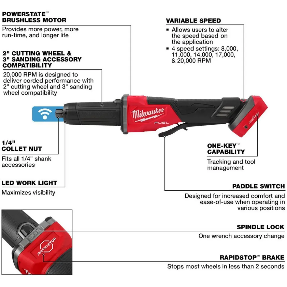 M18 FUEL™ Variable Speed, Braking Die Grinder, Paddle Switch w/ ONE-KEY™, 2" Cutting, 3" Sanding