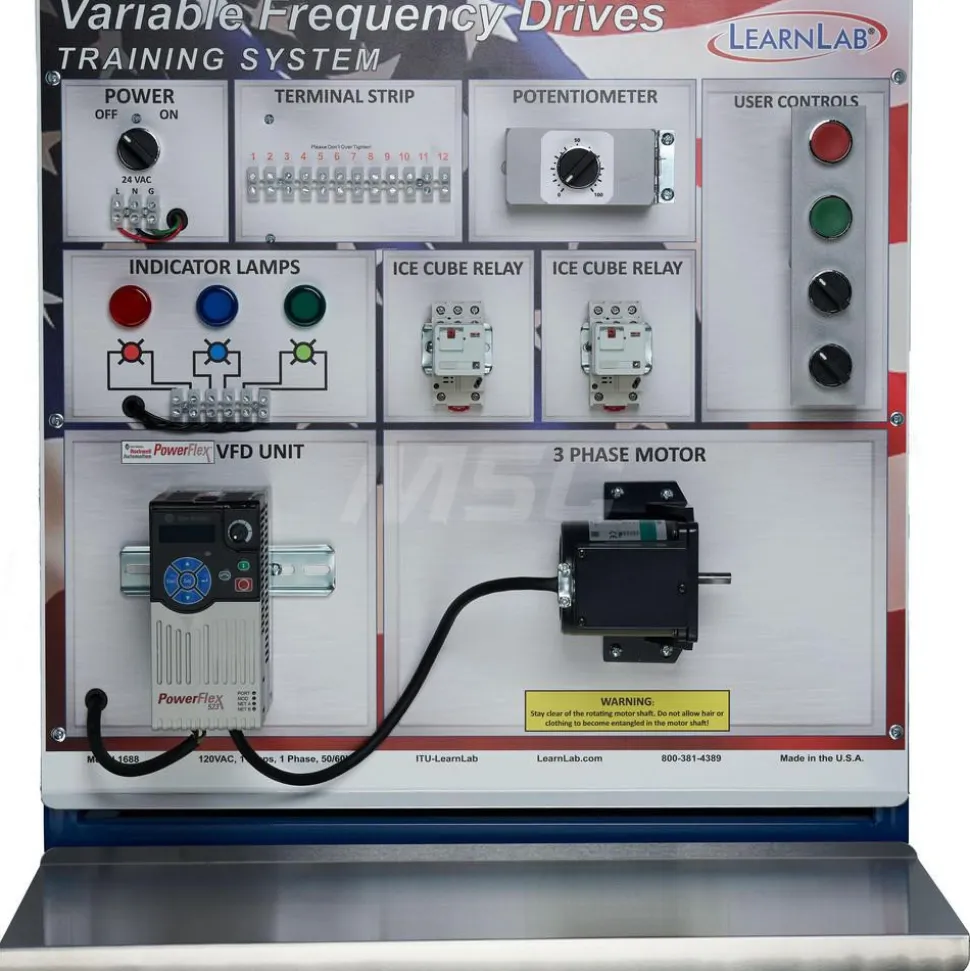 Motion Control & Power Transmission Training Systems: Type: Variable Frequency Drive; Includes: Ice Cube Control Relays, Three Phase Motor, Wye Wound Induction Motor, Rheostat Control (0-10V & 5-20MA), Industrial Stop-Start Controls, Industrial Panel Indication, Selector Switches