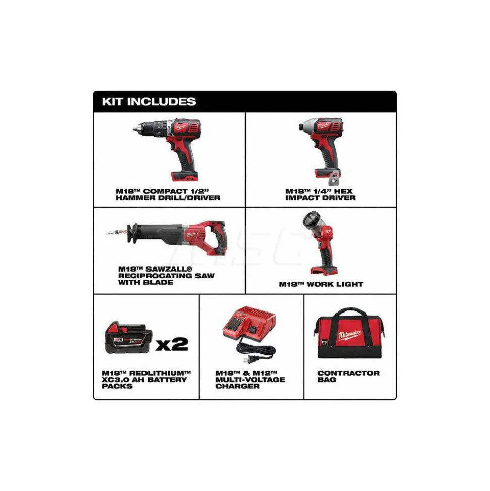 M18™ 4-Tool Combo Kit, 1/2" Hammer Drill/Driver & SAWZALL® Recip Saw & 1/4" Hex Impact Driver & Work Light