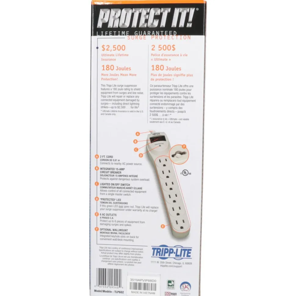6 Outlets, 120 Volts, 15 Amps, 2' Cord, Power Outlet Strip