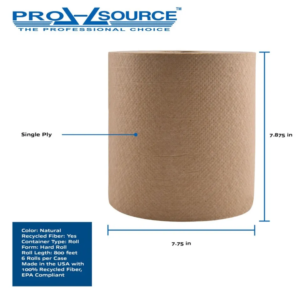 Paper Towels: Hard Roll, 6 Rolls per Case, Roll, 1 Ply, Natural, Recycled Fiber