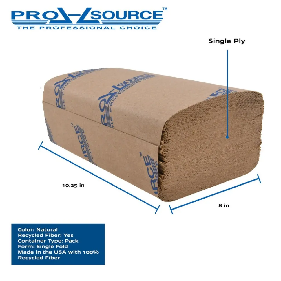 Paper Towels: Single Fold, Pack, 1 Ply, Natural, Recycled Fiber