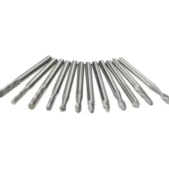 12 Pc Double Cut Burr Set with Cylinder, Cylinder w/Rad End, Ball, Cone, Cone w/Rad End, Flame, Inverted Cone, Oval, Pointed Tree, Tree w/Rad End