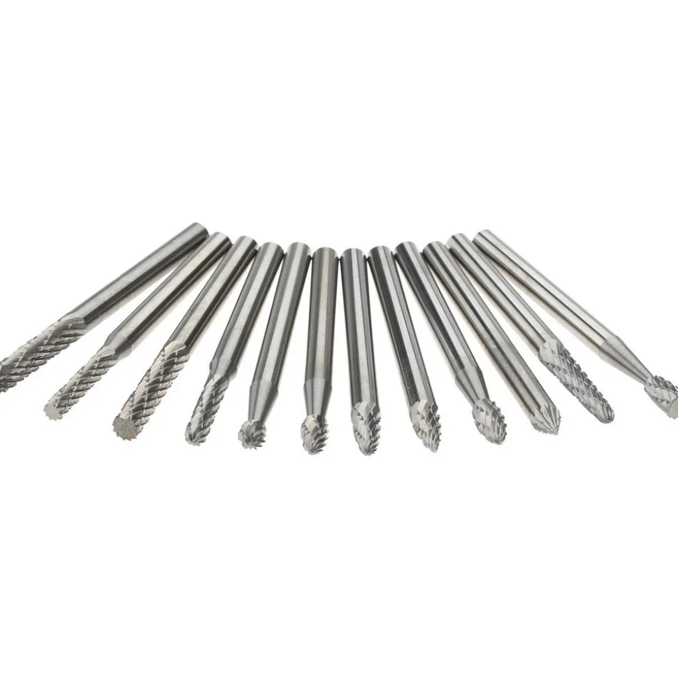 12 Pc Double Cut Burr Set with Cylinder, Cylinder w/Rad End, Ball, Cone, Cone w/Rad End, Flame, Inverted Cone, Oval, Pointed Tree, Tree w/Rad End