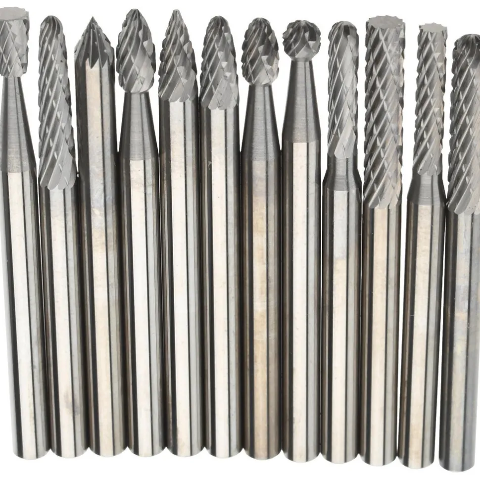 12 Pc Double Cut Burr Set with Cylinder, Cylinder w/Rad End, Ball, Cone, Cone w/Rad End, Flame, Inverted Cone, Oval, Pointed Tree, Tree w/Rad End