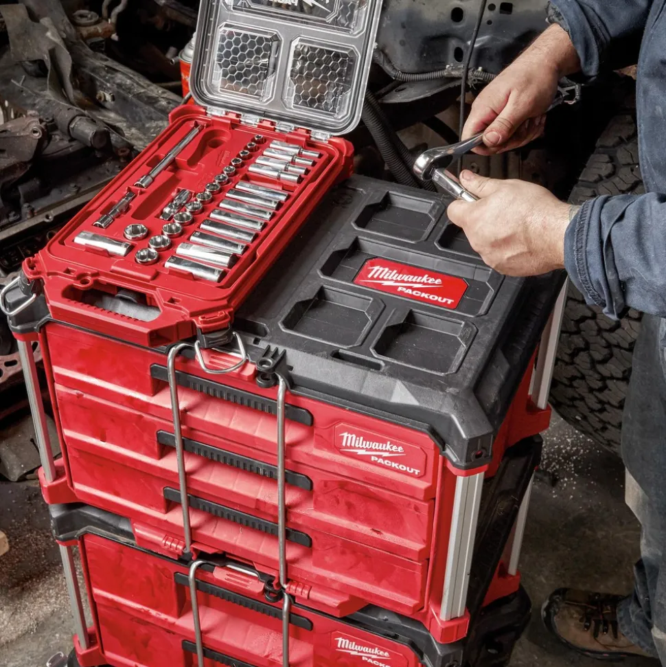 28 Pc. 3/8” Drive SAE Ratchet & Socket Set with PACKOUT™ Low-Profile Compact Organizer