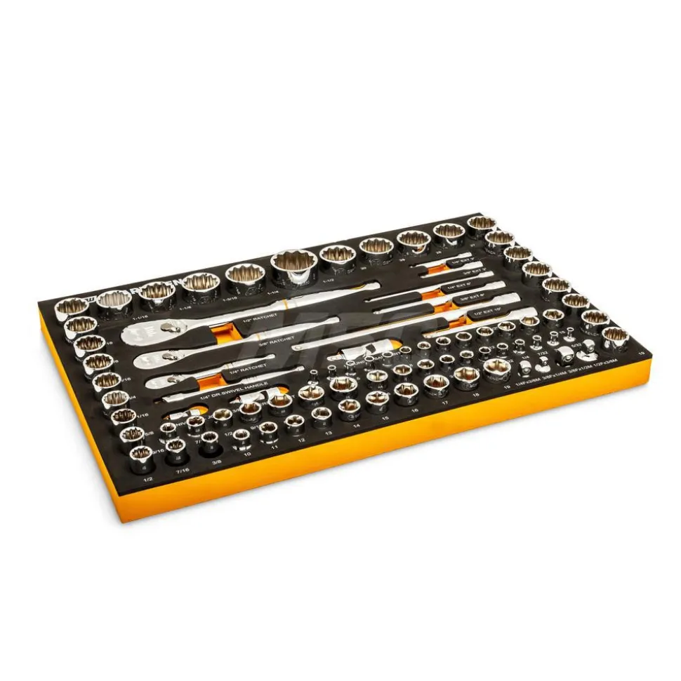 83 Pc, 1/4", 3/8" & 1/2" Drive, 90-Tooth, SAE & Metric Mechanics Tool Set with Foam Storage Tray