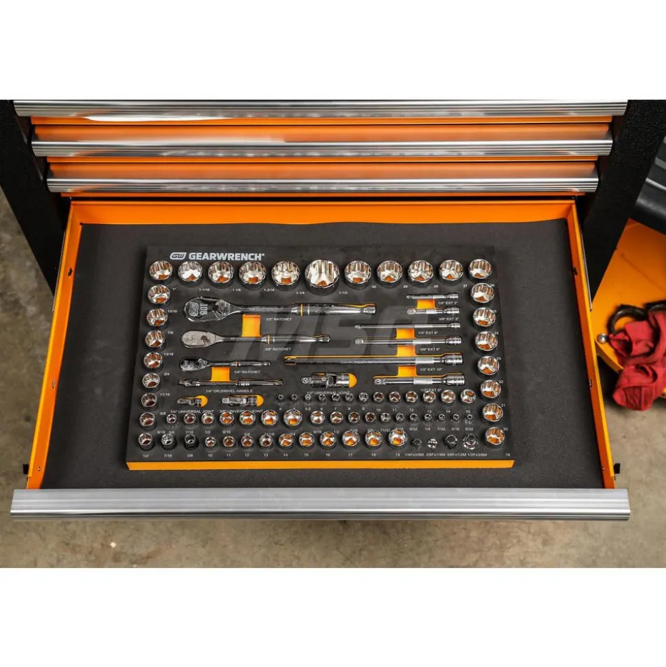 83 Pc, 1/4", 3/8" & 1/2" Drive, 90-Tooth, SAE & Metric Mechanics Tool Set with Foam Storage Tray