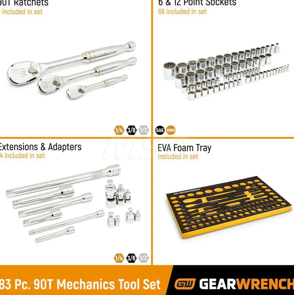 83 Pc, 1/4", 3/8" & 1/2" Drive, 90-Tooth, SAE & Metric Mechanics Tool Set with Foam Storage Tray