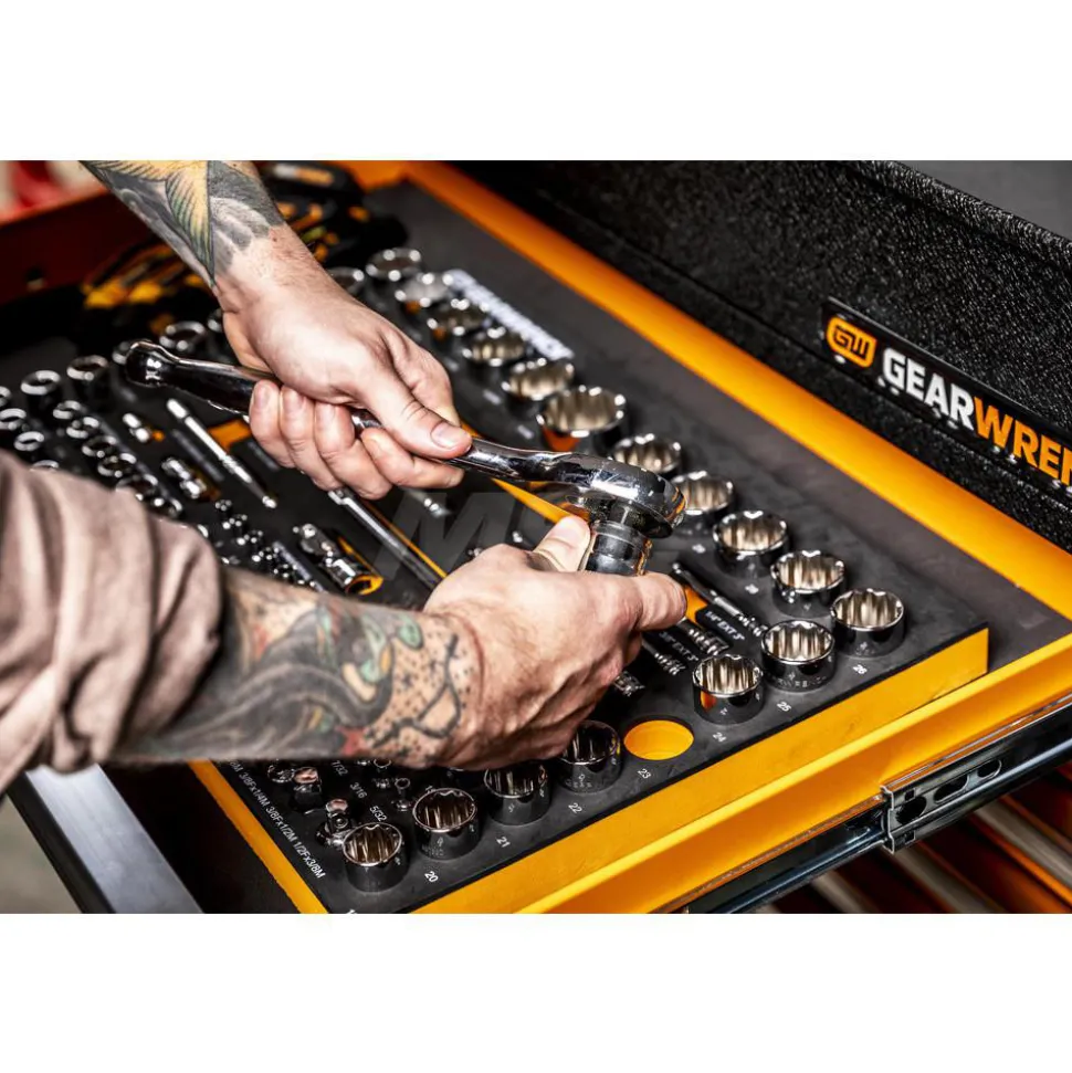 83 Pc, 1/4", 3/8" & 1/2" Drive, 90-Tooth, SAE & Metric Mechanics Tool Set with Foam Storage Tray