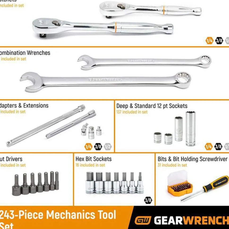 243 Pc, 12-Point, Mechanics Tool Set in 3 Drawer Storage Box