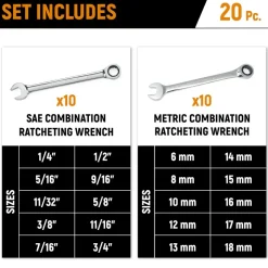 20 Pc 72-Tooth SAE & Metric Ratcheting Combination Wrench Set