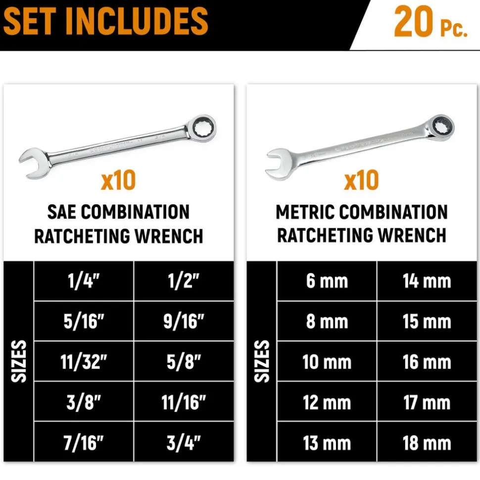 20 Pc 72-Tooth SAE & Metric Ratcheting Combination Wrench Set