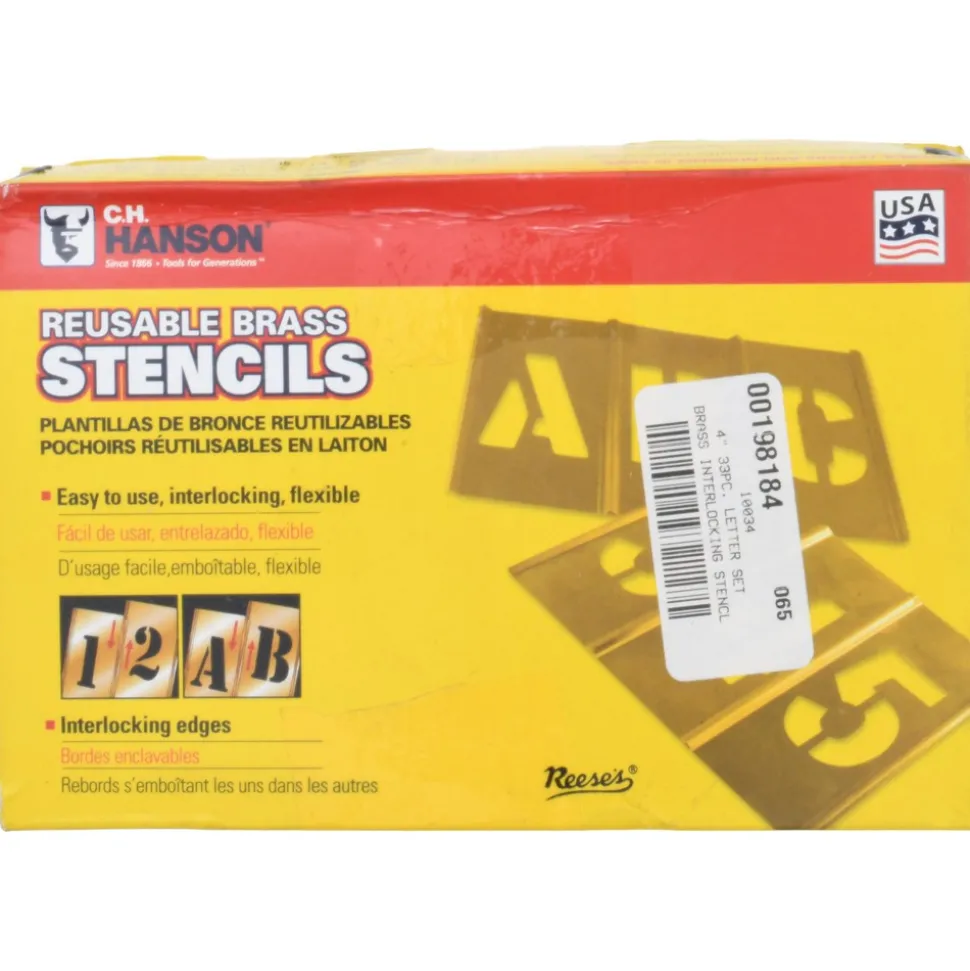 33 Piece, 4 Inch Character Size, Brass Stencil, A - Z Letters, 1-Beginner, 1-Period Ender, 1-Comma, 1-Dash, 1-Period, 1-Ampersand, 1-Apostrophe