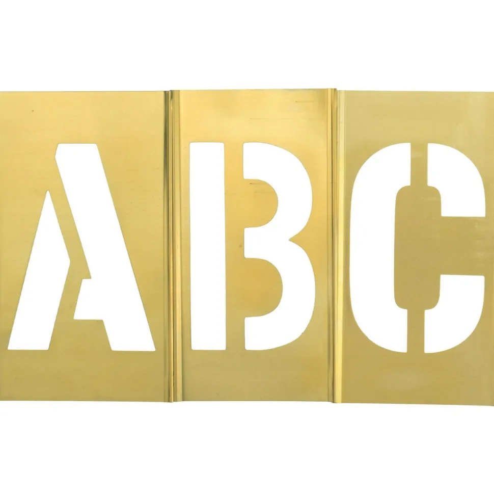 33 Piece, 4 Inch Character Size, Brass Stencil, A - Z Letters, 1-Beginner, 1-Period Ender, 1-Comma, 1-Dash, 1-Period, 1-Ampersand, 1-Apostrophe
