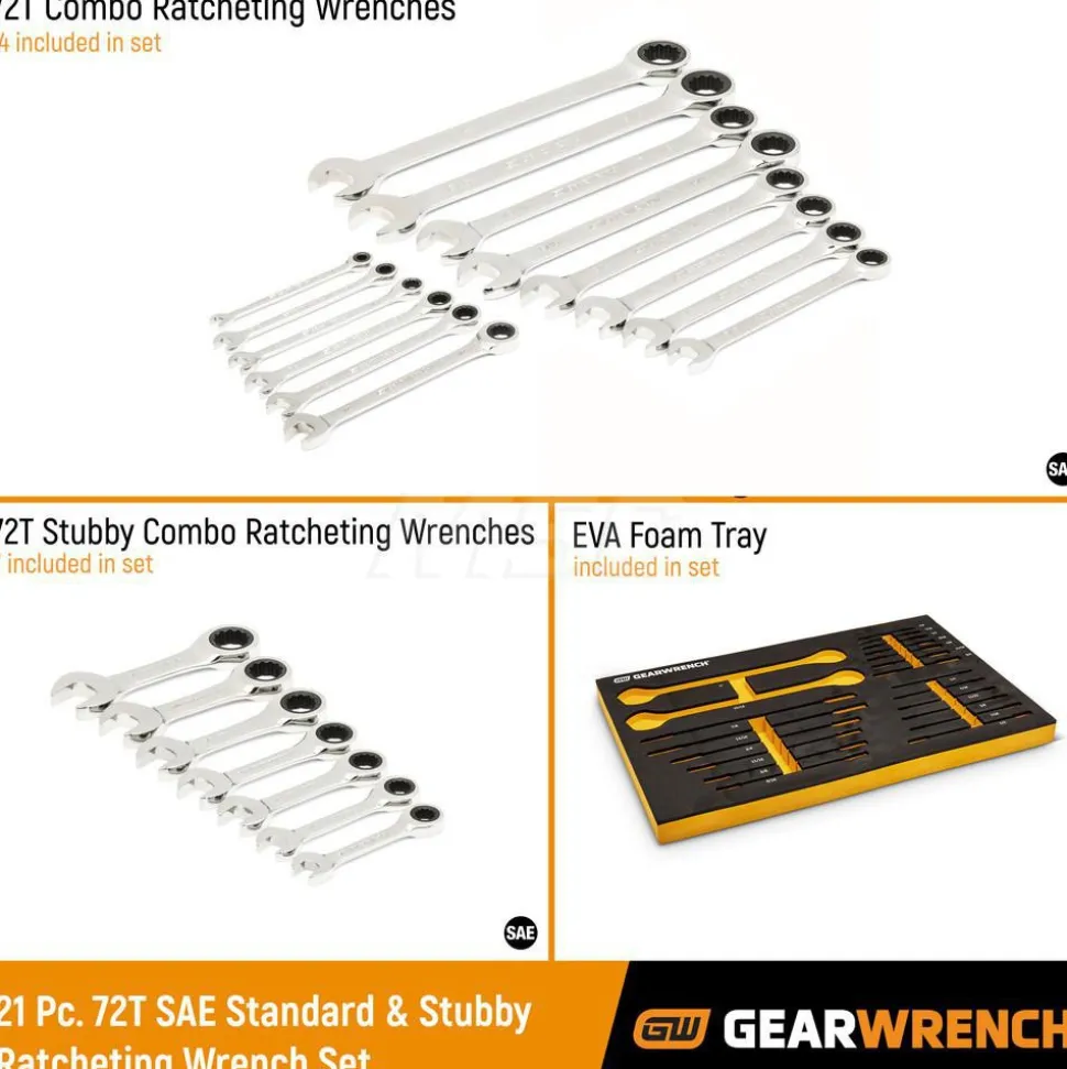 21 Piece 72-Tooth 12 Point SAE Standard & Stubby Combination Ratcheting Wrench Set with Foam Storage Tray